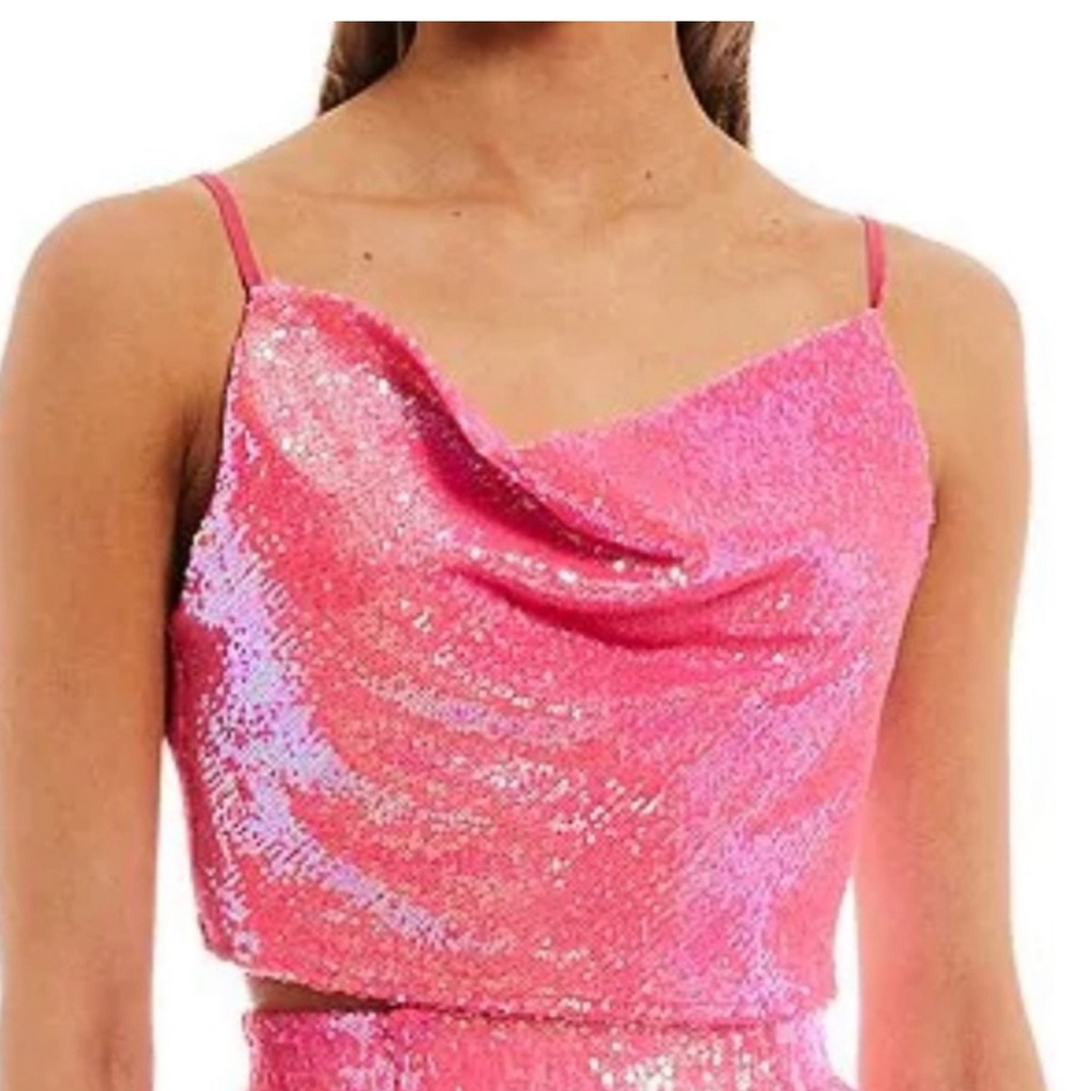 Hot pink cowl neck sequin top